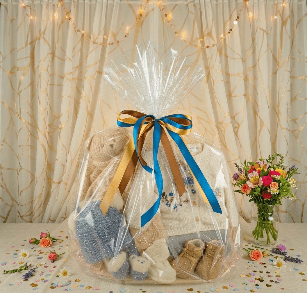 Cesta de Regalos para Bebé Cesta de regalos para bebé con ropa y peluche decorada con lazo
