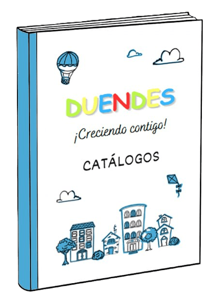 Catálogo Duendes Portada del catálogo Duendes con ilustraciones de globos y casas