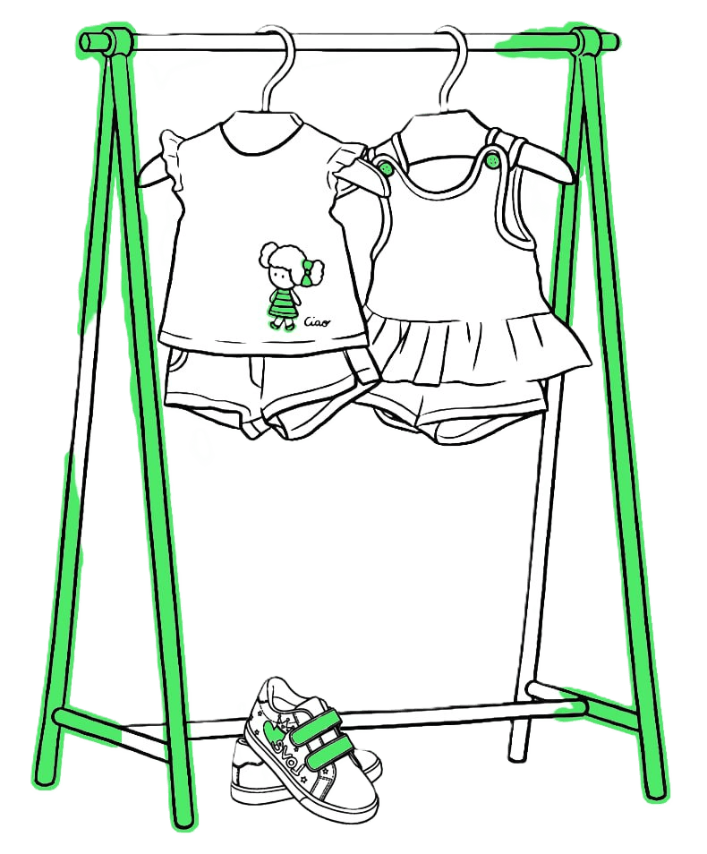 Conjunto Infantil Veraniego Conjunto de ropa infantil en perchero con zapatillas a juego